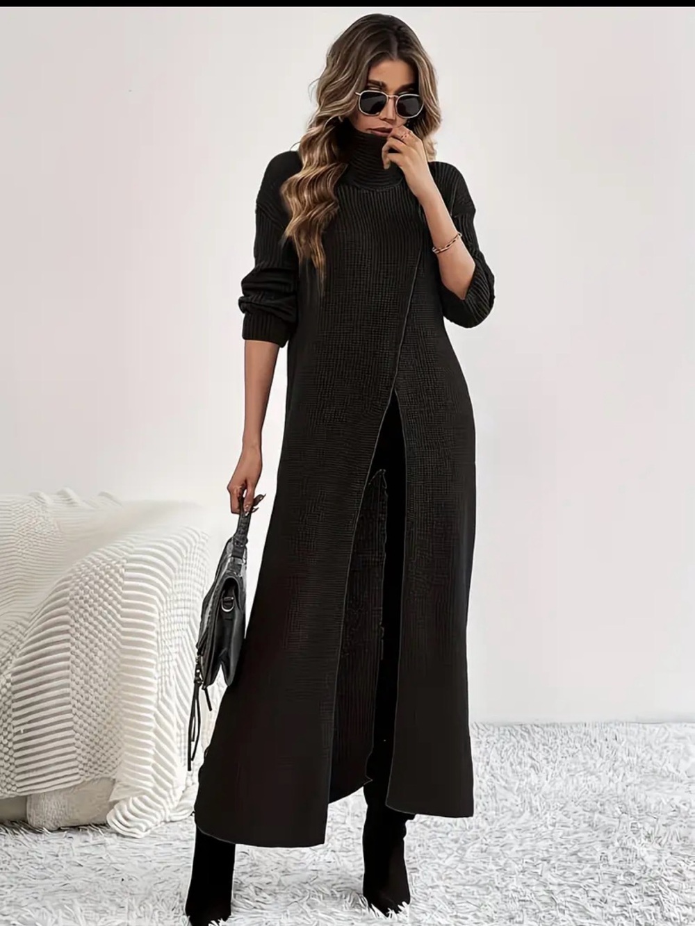 Black Turtleneck Knit Maxi Dress coat sweater with Front Slit